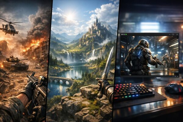 Gaming monitor displays sci-fi soldier, keyboard on desk