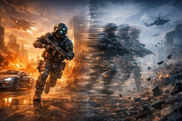 Armored soldier runs with rifle through war-torn city