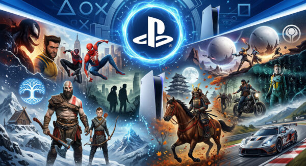 PlayStation logo above PS5 with game characters collage