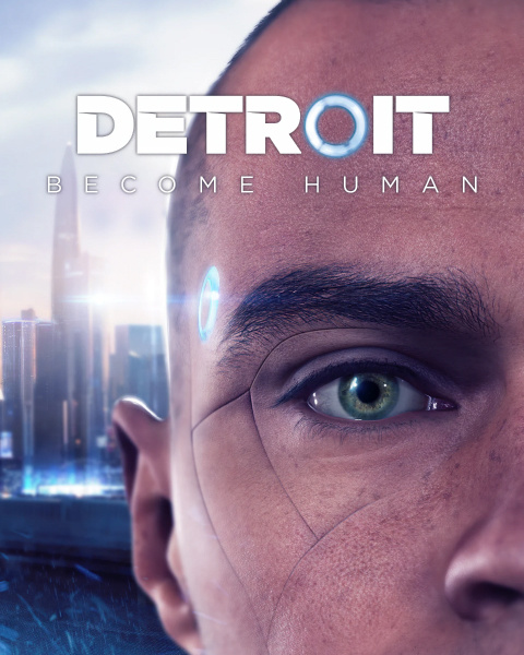 Detroit: Become Human android face close-up with city skyline