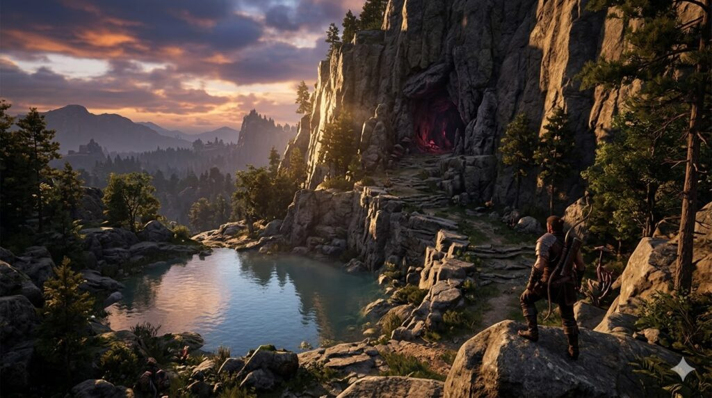 Warrior stands by lake near cliff cave at sunset