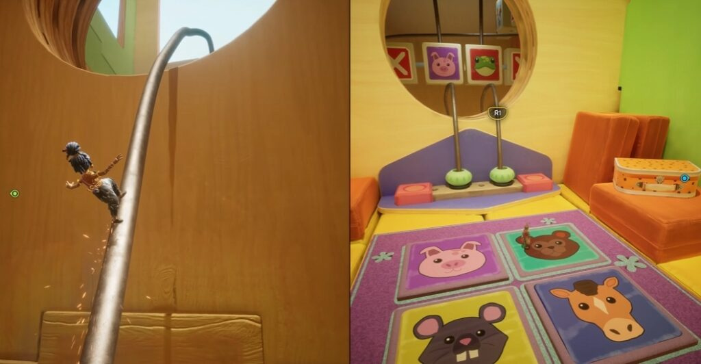 It Takes Two May jumping on rail in playroom