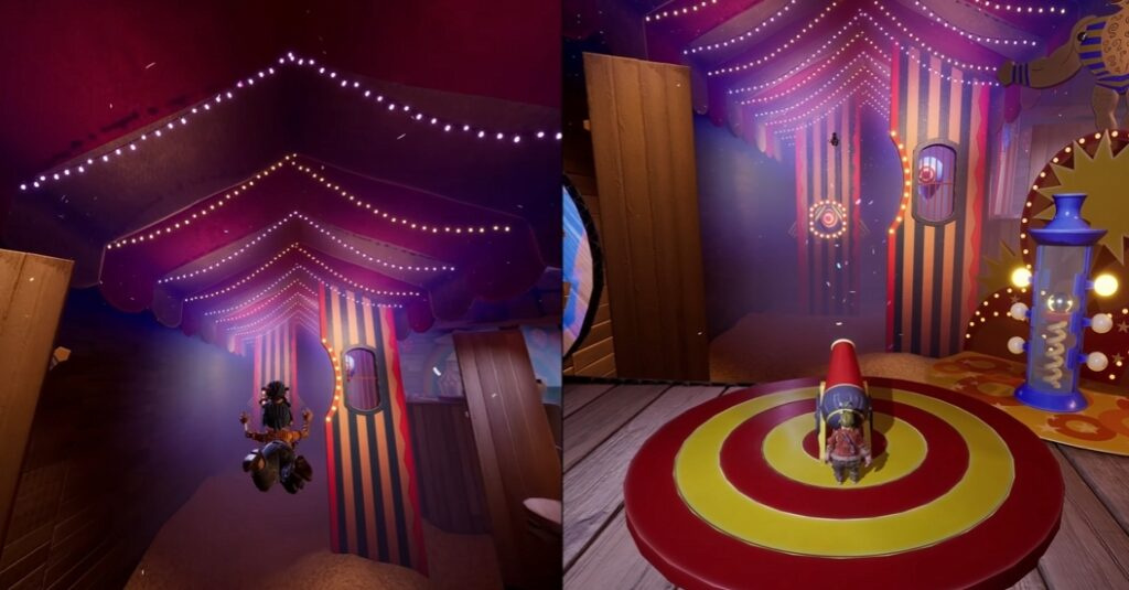 It Takes Two characters jumping inside circus tent