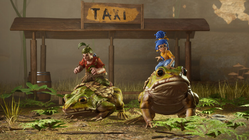 Cody and May ride frogs near a “Taxi” sign during the garden chapter