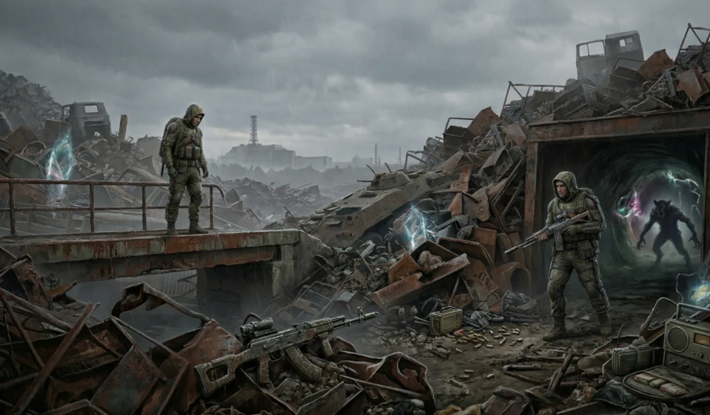 S.T.A.L.K.E.R. soldiers guard portal in scrapyard